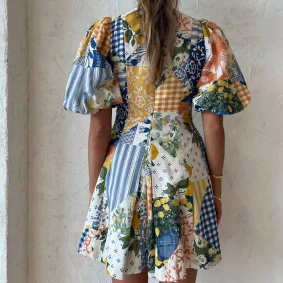 Multicolor Boho Women's Lemon Color Patchwork Wavy Print Mni Dress - Picture 3 of 5